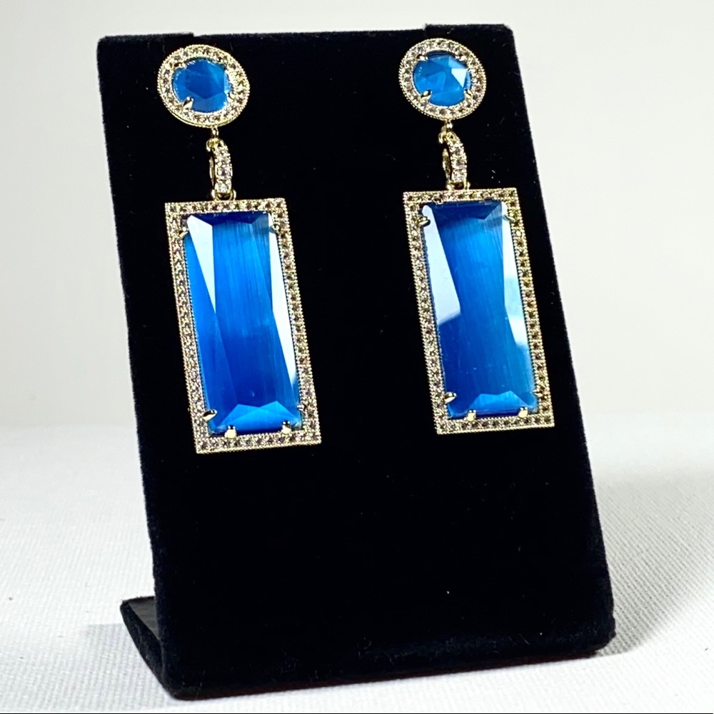 Blue/gold dangle pierced earrings with rhinestones